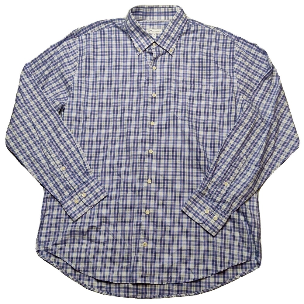PETER MILLAR Men Size XL Purple Blue Check Cotton Button-Down Shirt